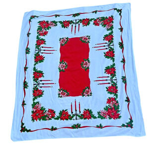 Vintage Christmas Tablecloth 60"x52” Poinsettia Candles Holly Mid Century Kitsch